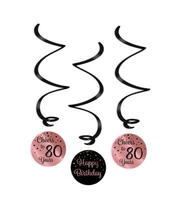 Swirl decoratie luxe zwart en roze 80 jaar 30 cm - 6 stuks