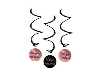 Swirl decoratie luxe zwart en roze happy birthday 30 cm - 6 stuks