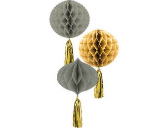 Honeycomb Waaiers Luxe grijsgroen/goud 3stuks