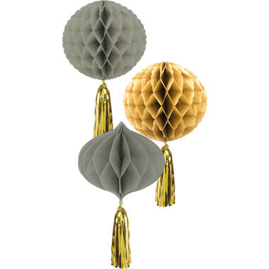Honeycomb Waaiers Luxe grijsgroen/goud 3stuks