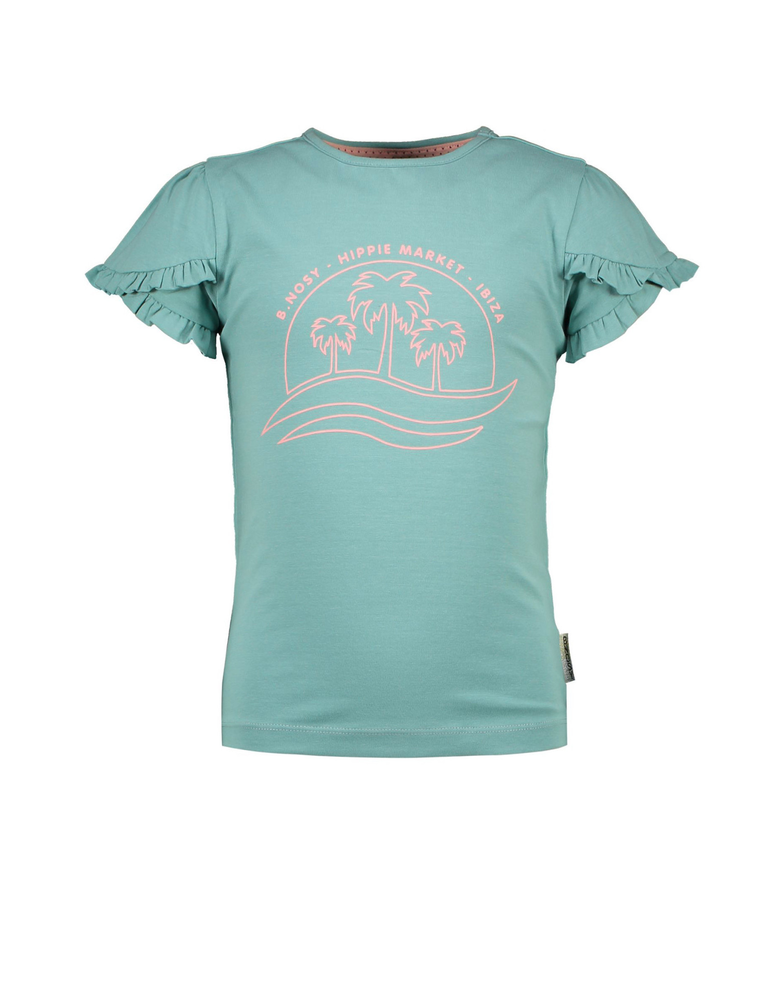 B-nosy Girls t-shirt with fancy ruffled sleeves and chest artwork canton green