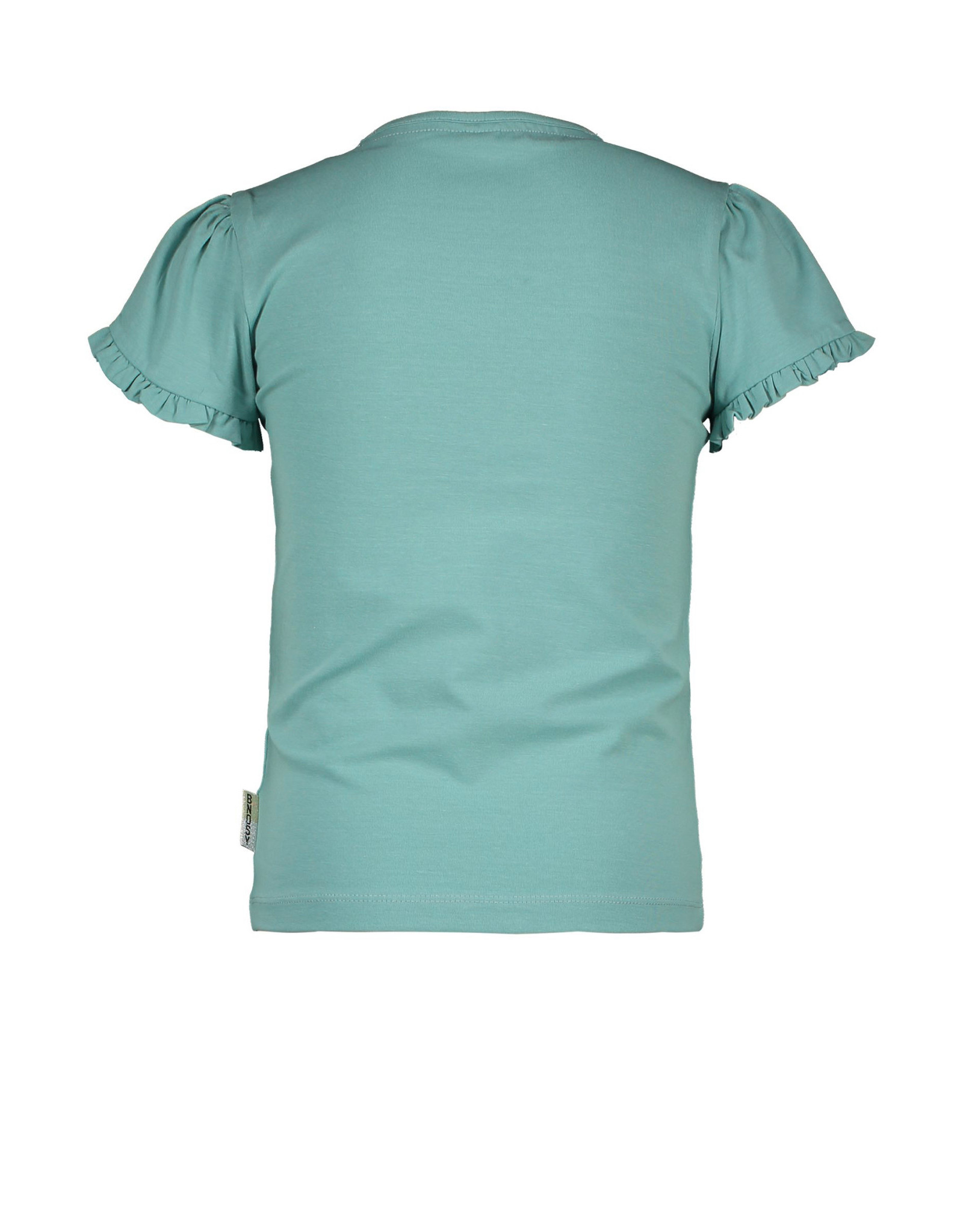 B-nosy Girls t-shirt with fancy ruffled sleeves and chest artwork canton green