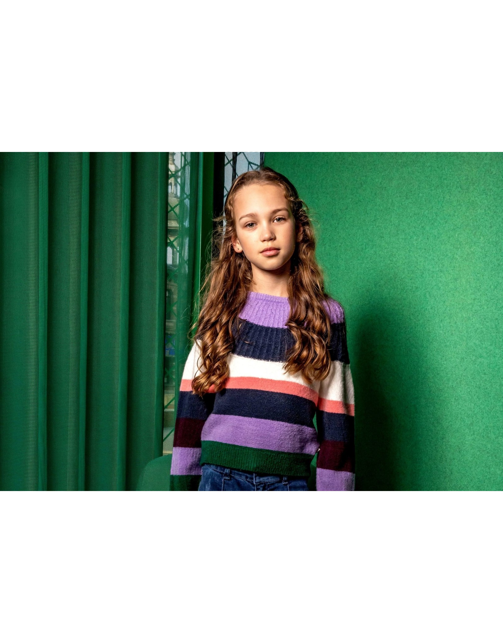 B-nosy Girls heavy knitted sweater with multi color stripes Lilac B.Bright