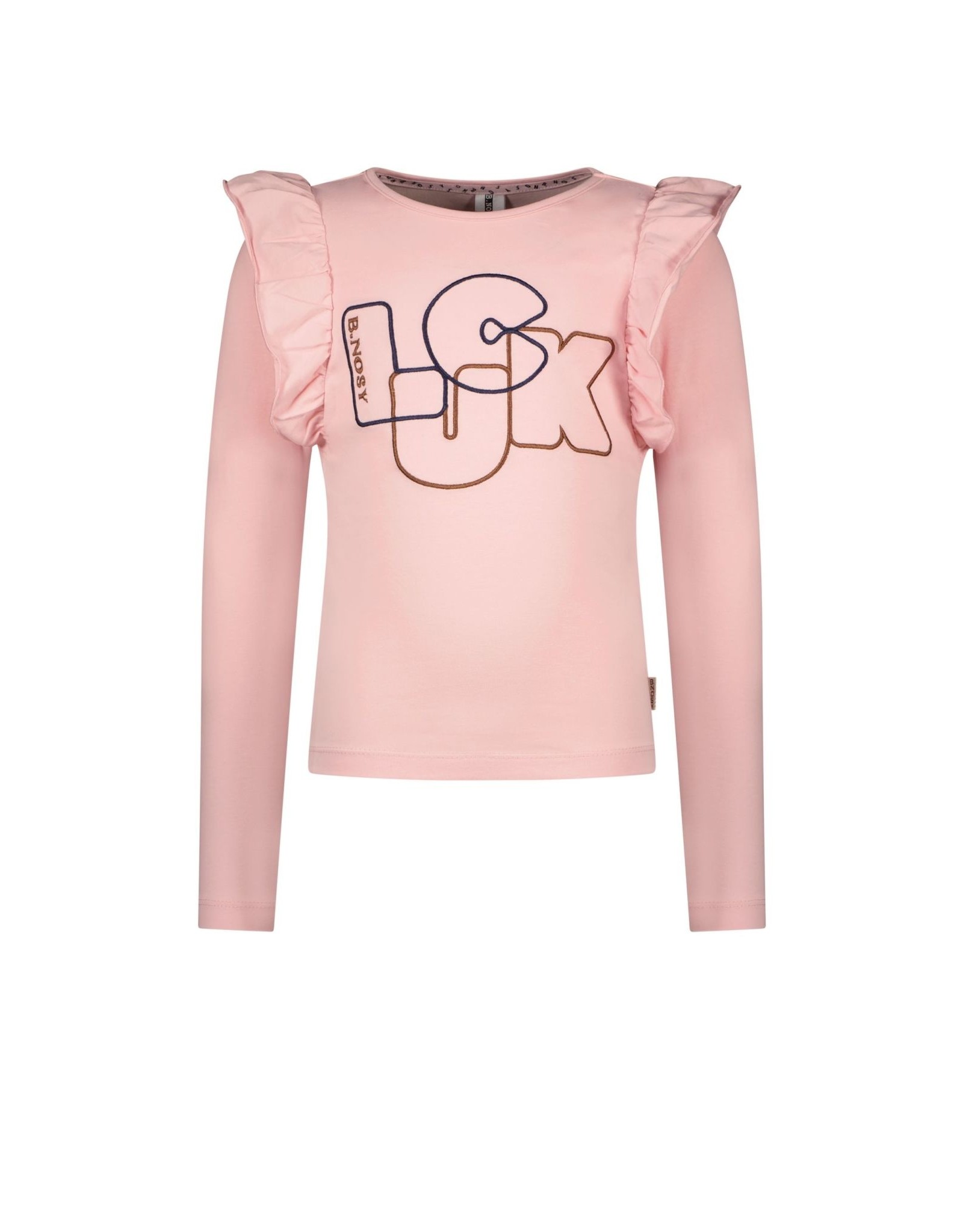 B-nosy Girls outline embroidery ls shirt with ruddle on side Coral blush B.Lucky