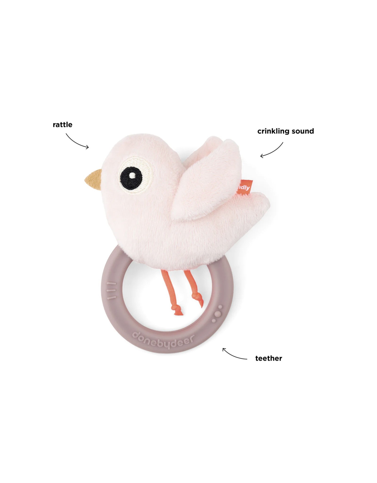 Done by Deer Sensory rattle w/teether Birdee Powder bijtring