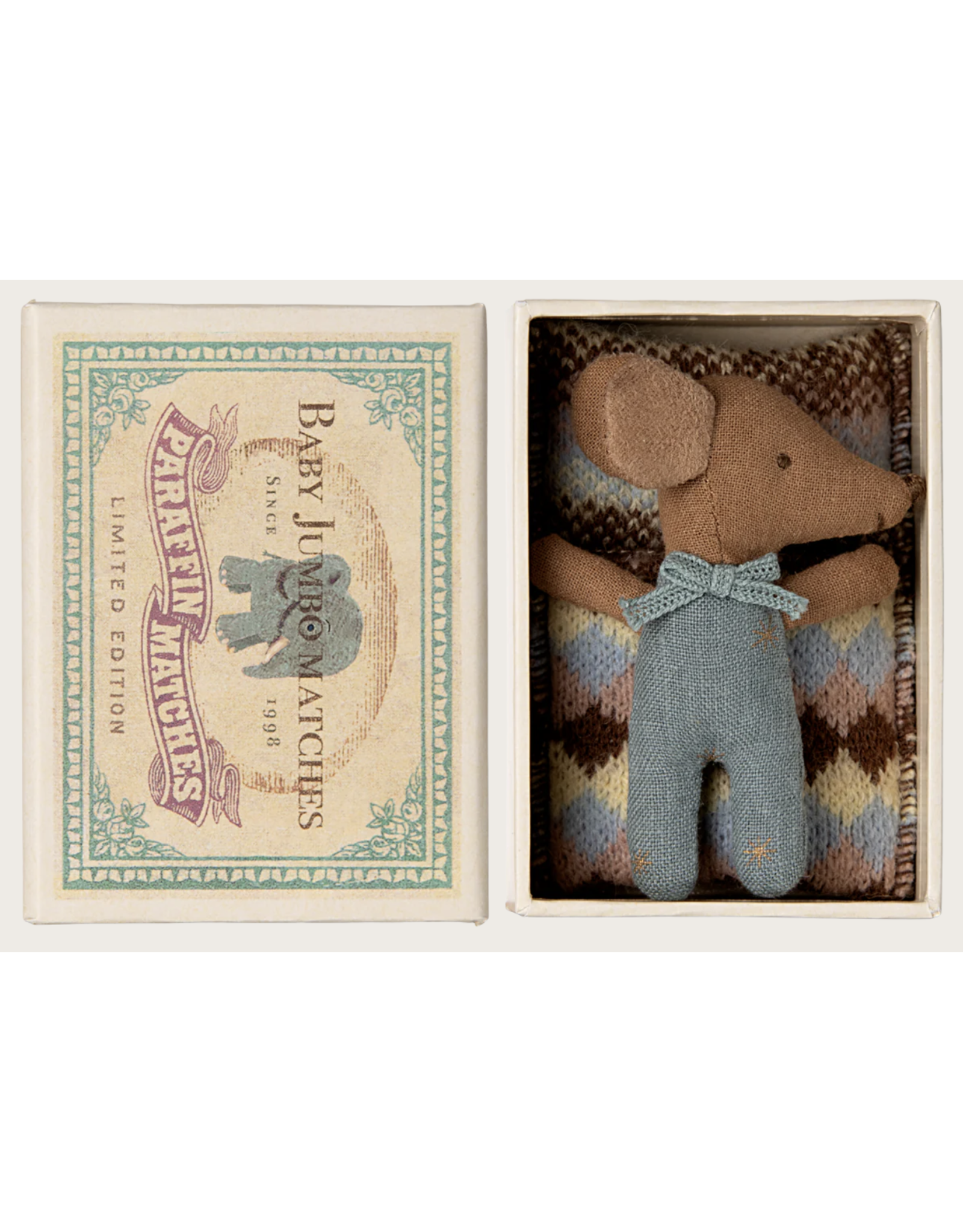Maileg Sleepy wakey baby mouse in matchbox Blue