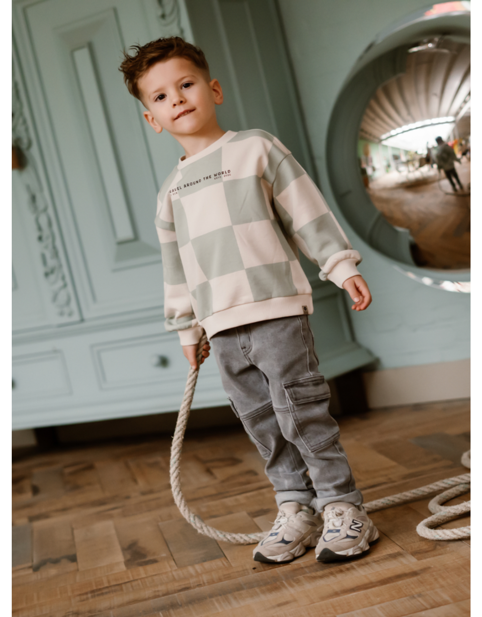 Daily7 Oversized Sweater Check Print Cool Mint