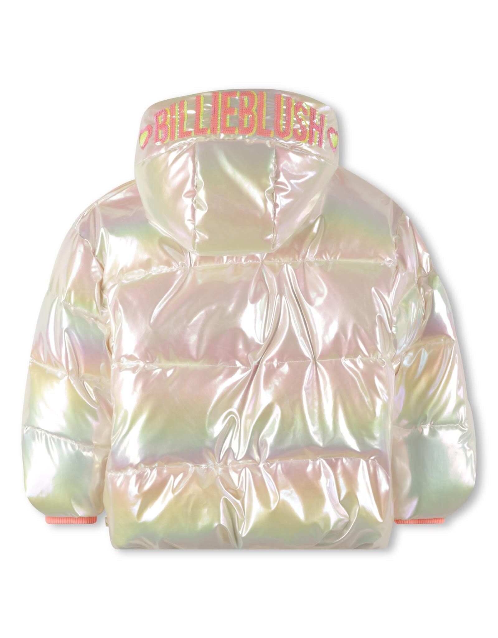 BILLIEBLUSH Puffer jacket in shiny material, Billieblush logo in sequins on the top of the hood, 2 pockets MULTICO