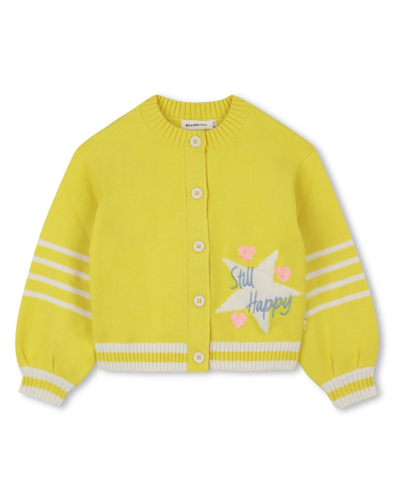 BILLIEBLUSH Knitted cardigan, jacquard illustration, stripes on sleeves and rib on cuffs and bottom, label. ZON
