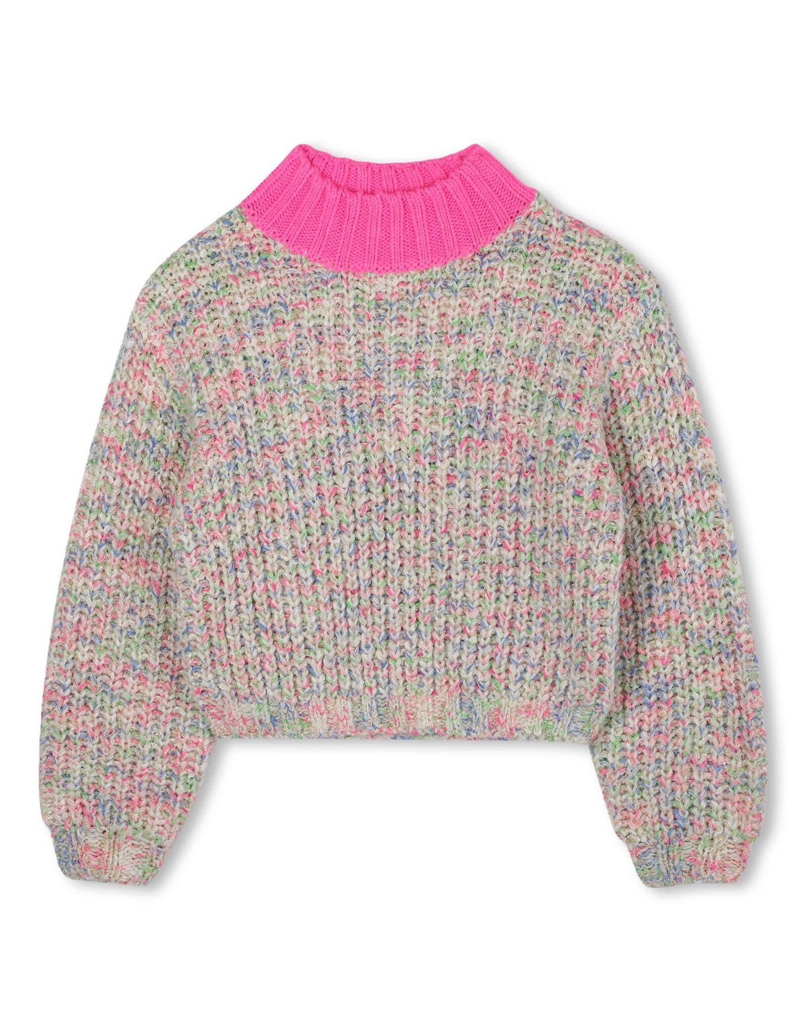 BILLIEBLUSH Knit sweater with multicolored molded threads and a shiny thread inside, pink contrast collar, label MULTICO