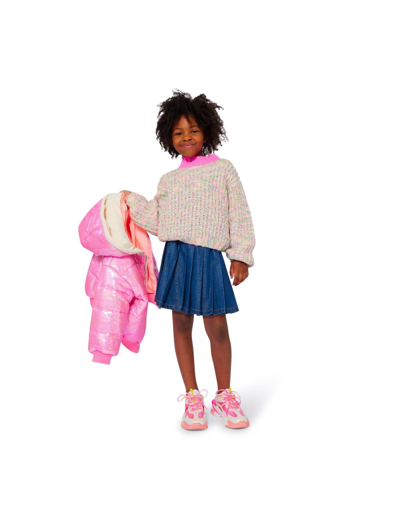 BILLIEBLUSH Knit sweater with multicolored molded threads and a shiny thread inside, pink contrast collar, label MULTICO