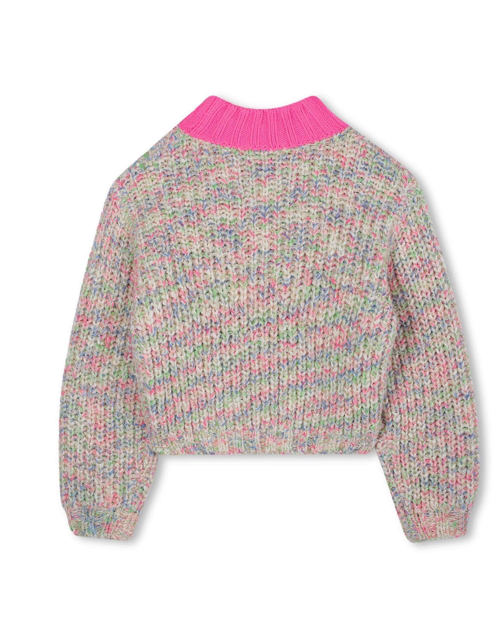 BILLIEBLUSH Knit sweater with multicolored molded threads and a shiny thread inside, pink contrast collar, label MULTICO