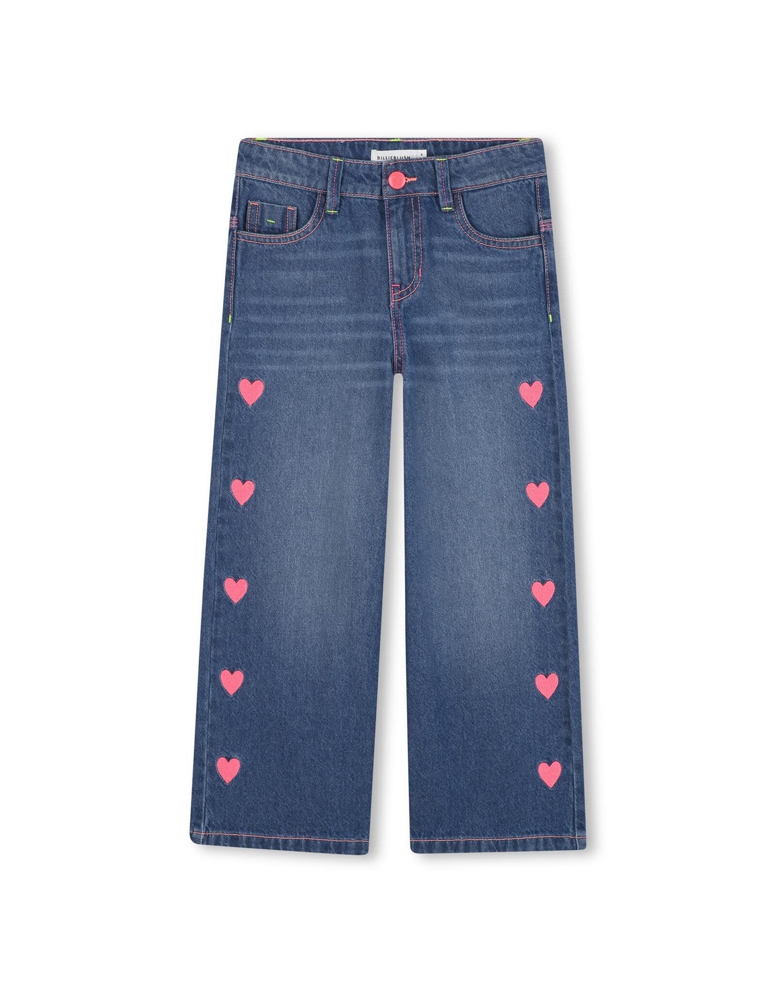 BILLIEBLUSH Denim pants, 5 pockets, embroidered hearts on sides, shiny silicone label on back Baggy cut DOUBLE STONE+BROSSAGE