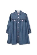 BILLIEBLUSH Denim dress, long sleeves, shirt collar, snap front closure, back badge illustration with fringe, label. DENIM INDIGO BLUE