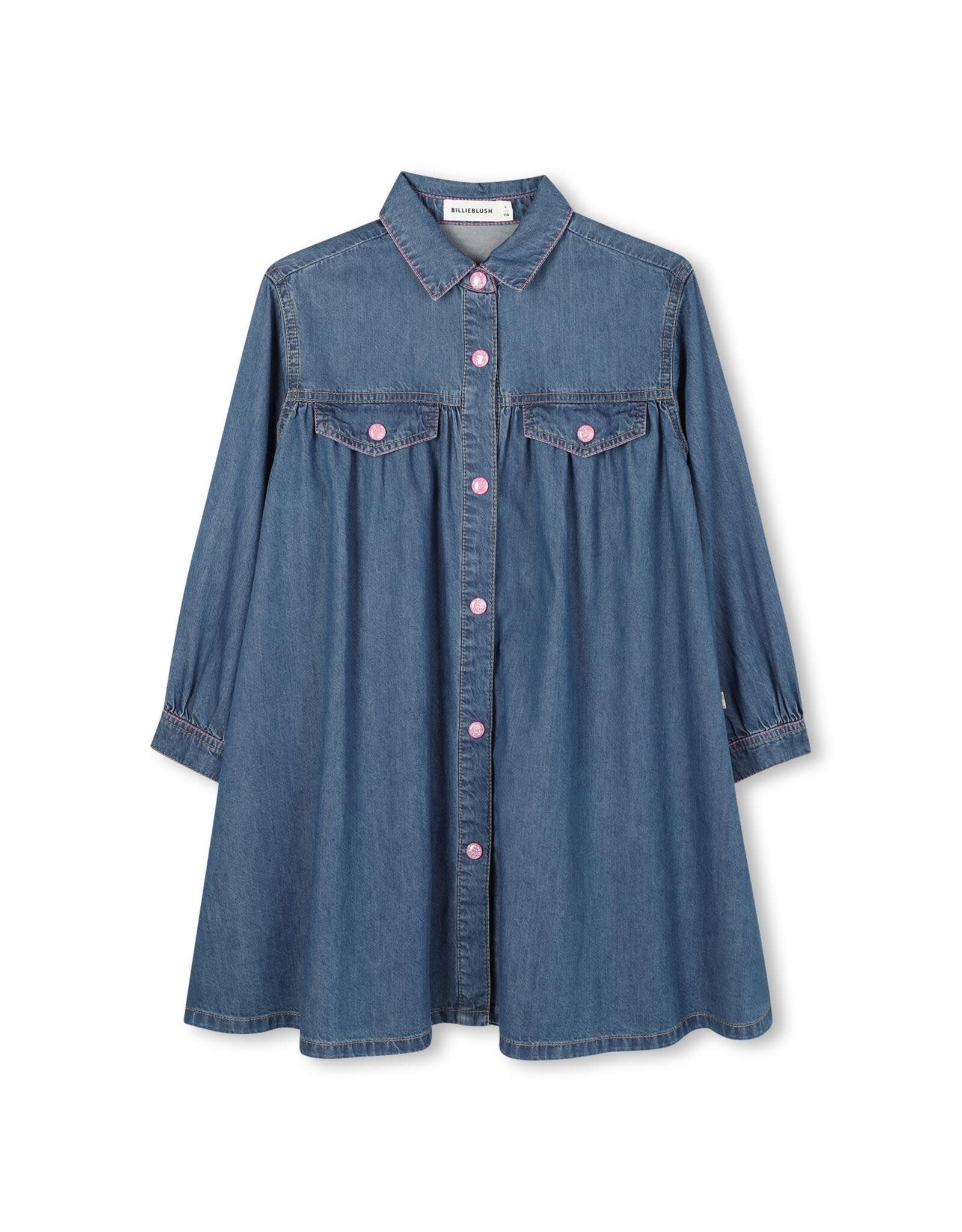 BILLIEBLUSH Denim dress, long sleeves, shirt collar, snap front closure, back badge illustration with fringe, label. DENIM INDIGO BLUE