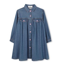 BILLIEBLUSH Denim dress, long sleeves, shirt collar, snap front closure, back badge illustration with fringe, label. DENIM INDIGO BLUE