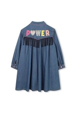 BILLIEBLUSH Denim dress, long sleeves, shirt collar, snap front closure, back badge illustration with fringe, label. DENIM INDIGO BLUE