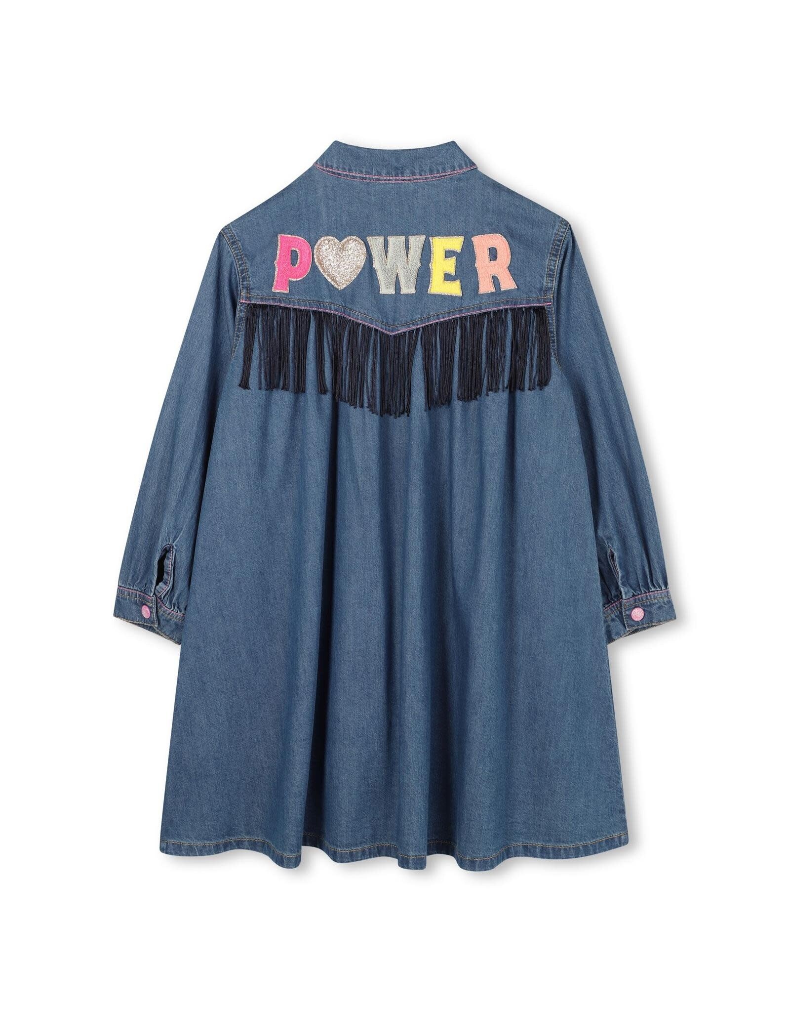BILLIEBLUSH Denim dress, long sleeves, shirt collar, snap front closure, back badge illustration with fringe, label. DENIM INDIGO BLUE