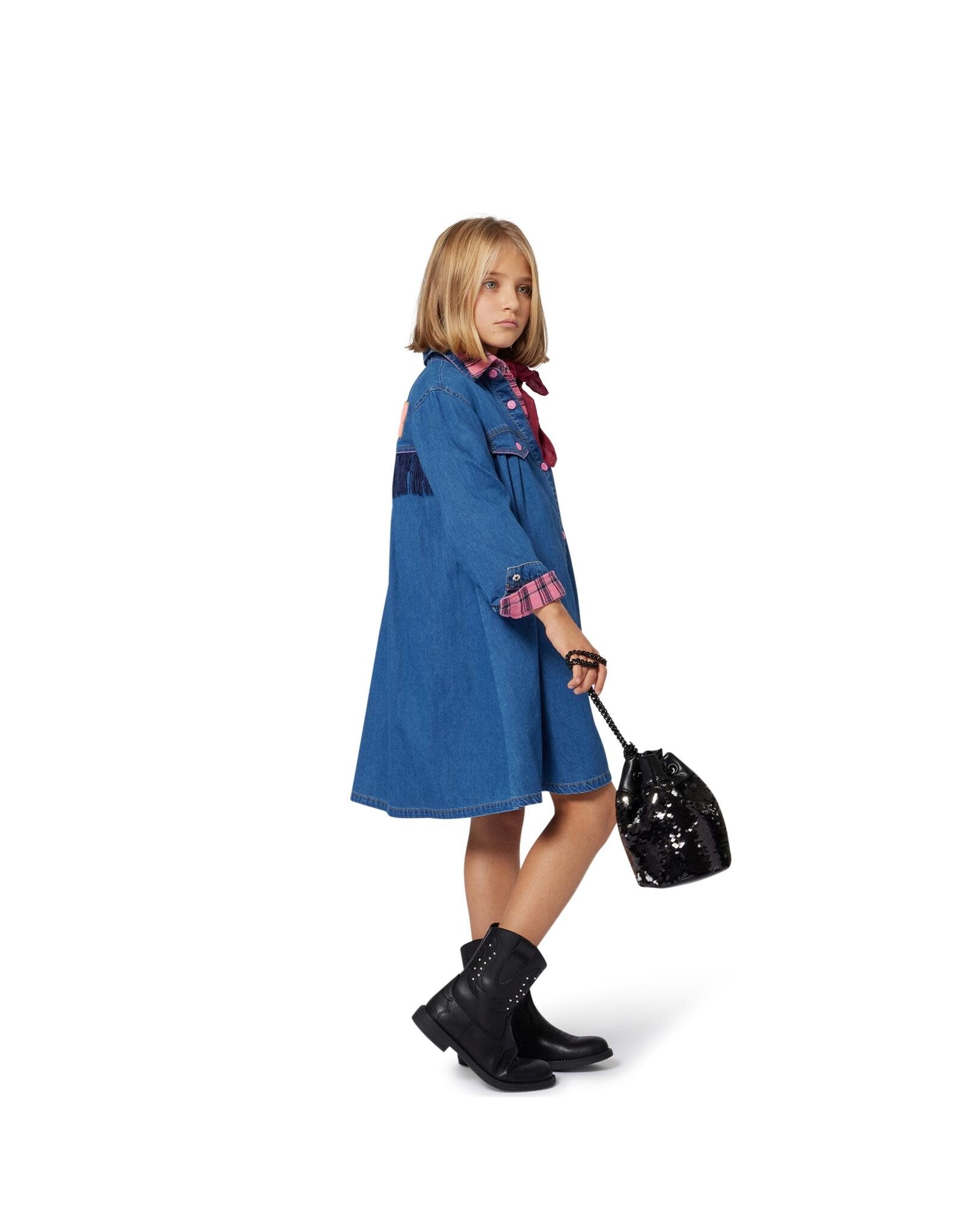 BILLIEBLUSH Denim dress, long sleeves, shirt collar, snap front closure, back badge illustration with fringe, label. DENIM INDIGO BLUE