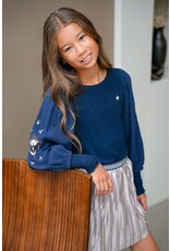 Like Flo Eloise Flo girls top with rib body and balloon sleeves Navy Like Flo Eloise Flo girls top with rib body and balloon sleeves Navy