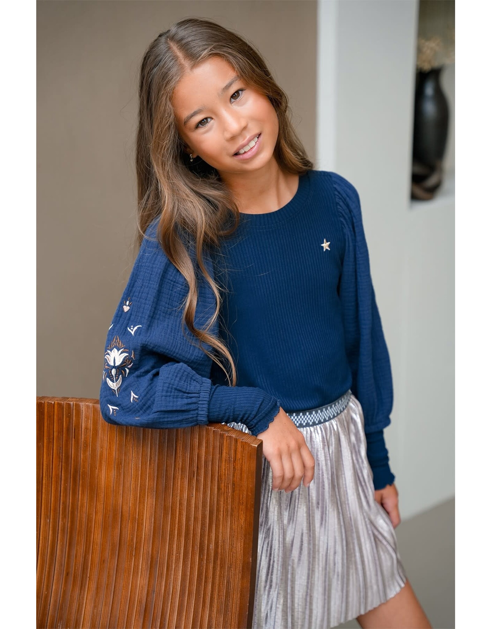 Like Flo Eloise Flo girls top with rib body and balloon sleeves Navy