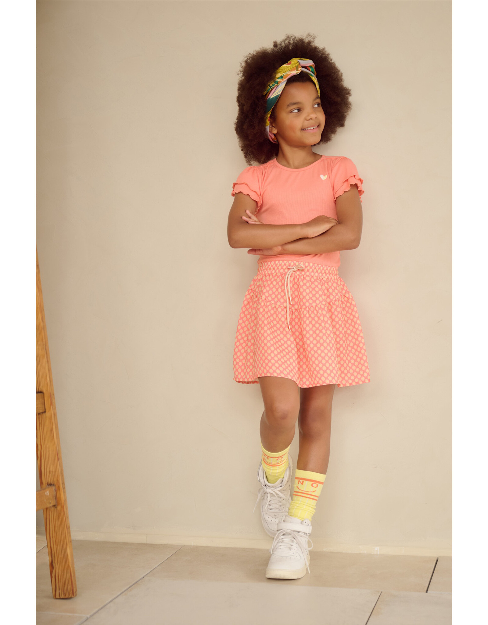 Nono Morly Combi dress with Batik AOP skirt Orange Coral