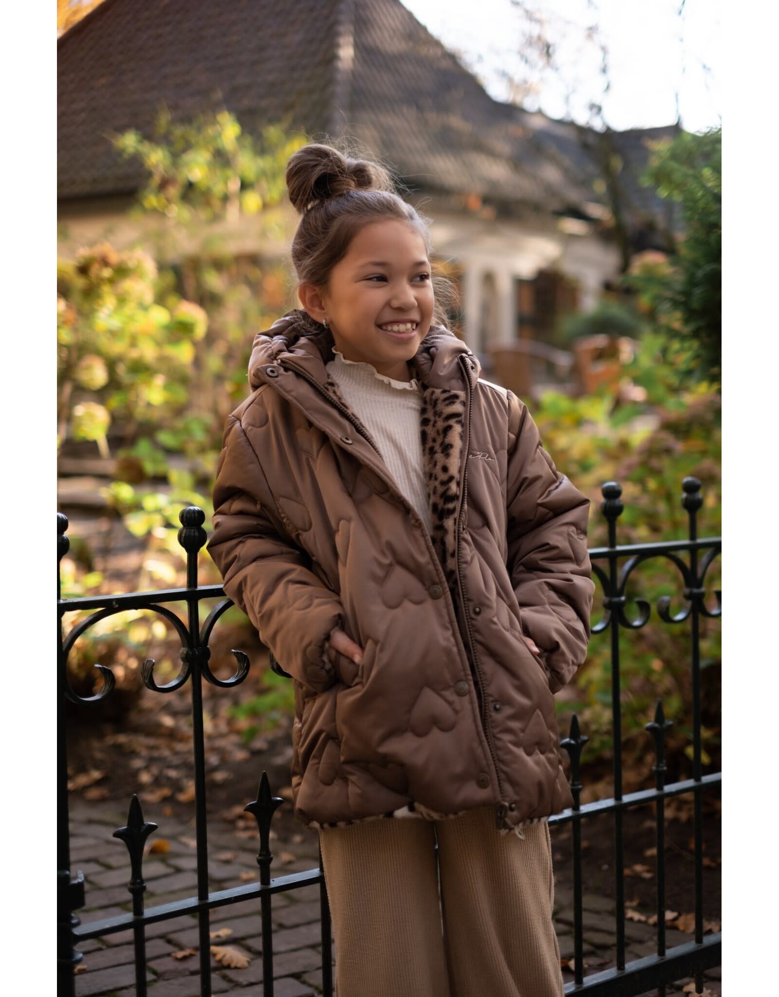Like Flo Anna Flo girls reversible midi hooded jacket Choco