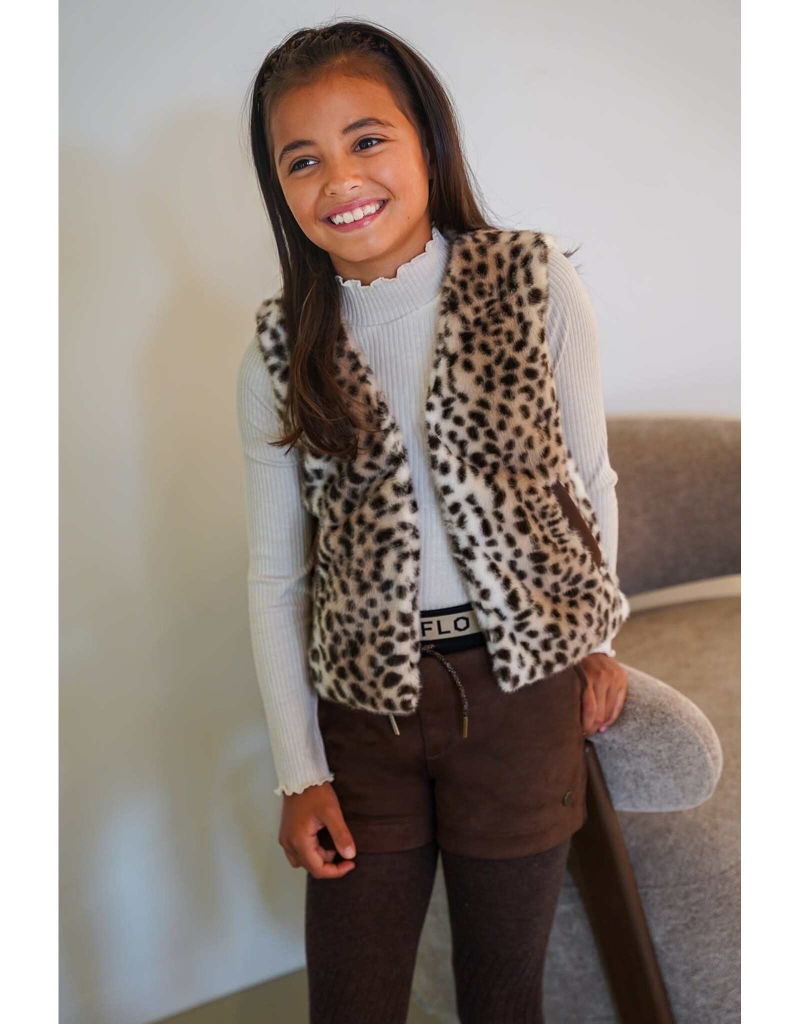 Like Flo Faylinn Flo girls faux leather short with fancy jacquard rib WB Choco