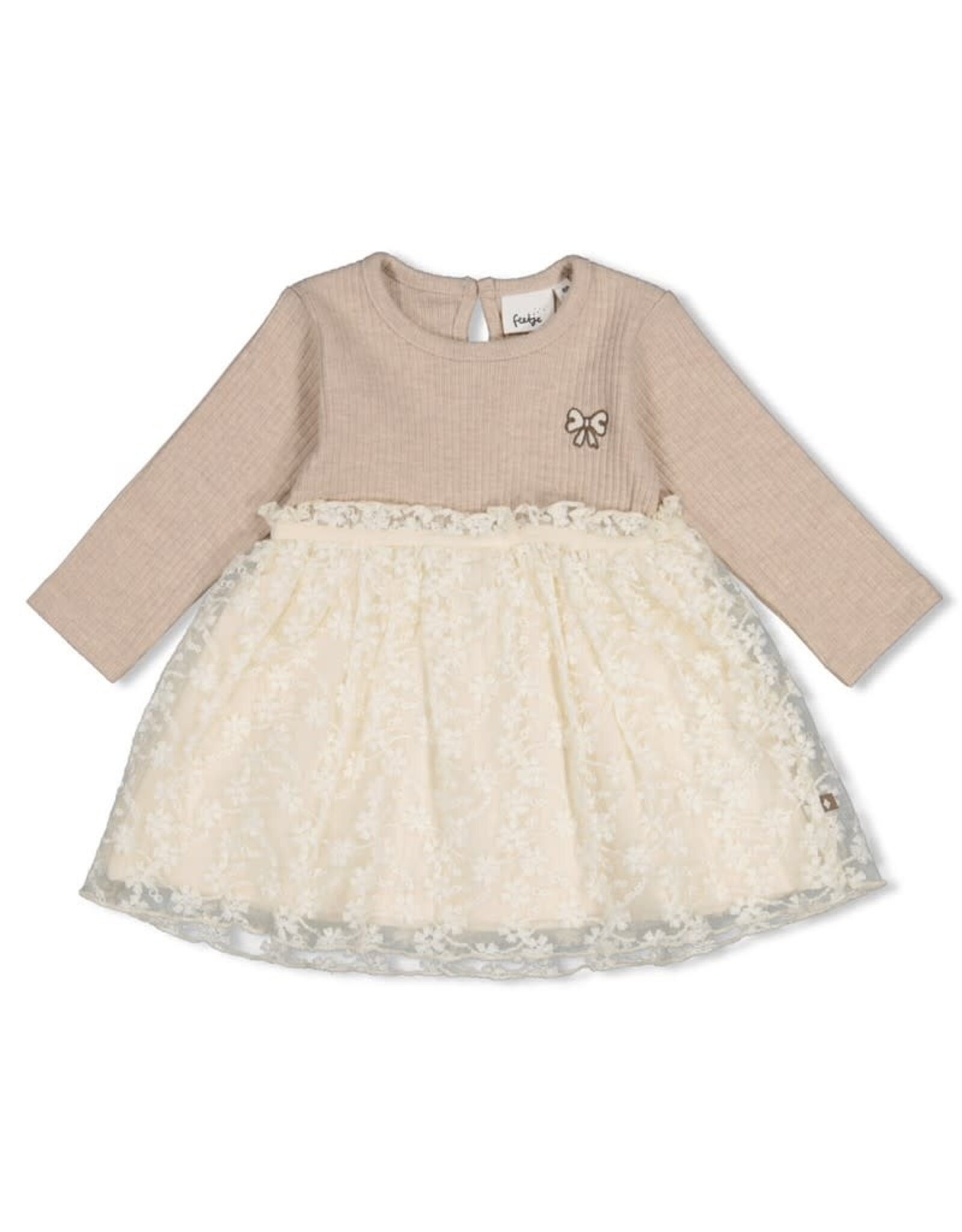 Feetje Jurk met geborduurd tule - Dress to Impress Taupe melange