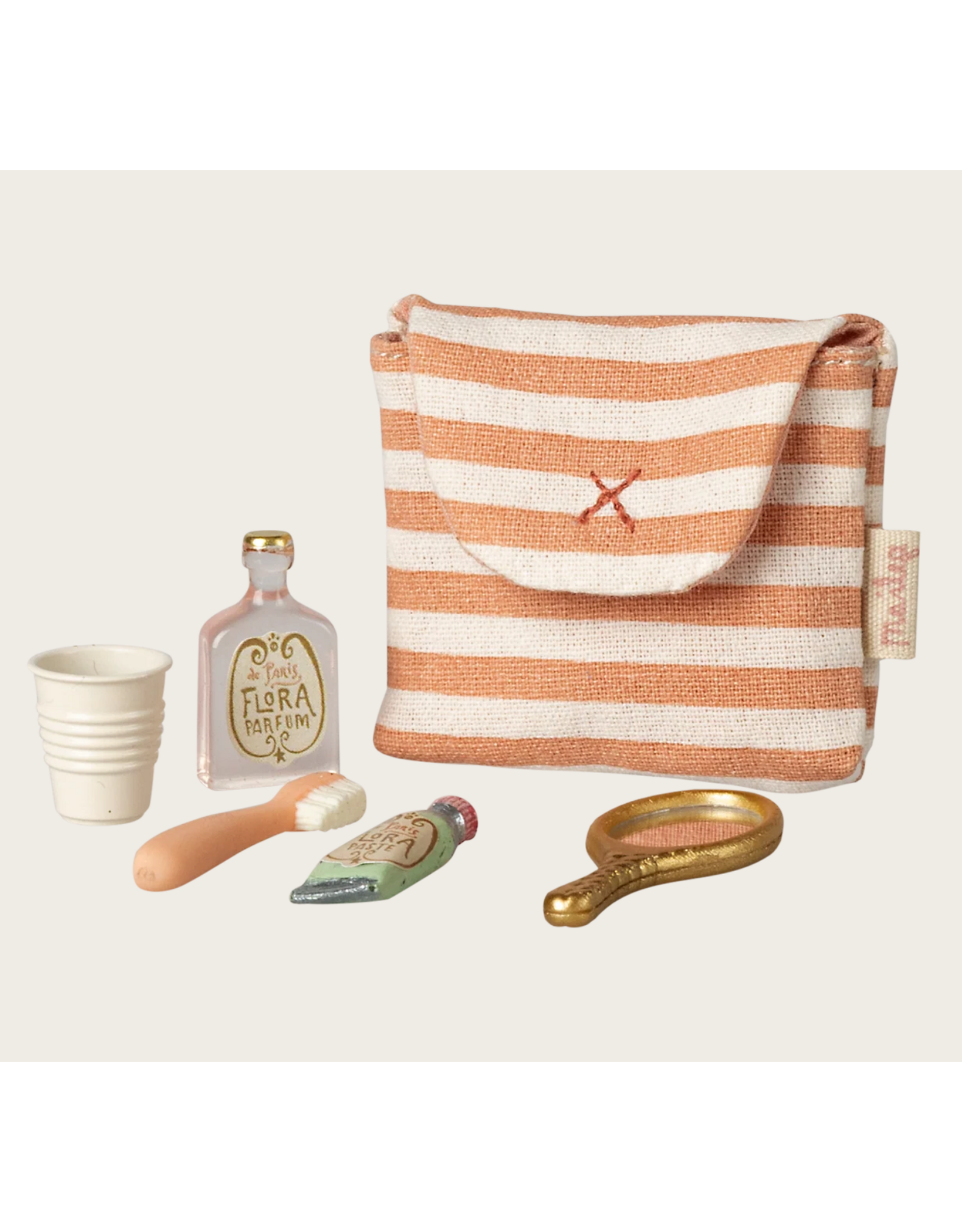 Maileg Toothbrush set in bag Mouse Coral stripe