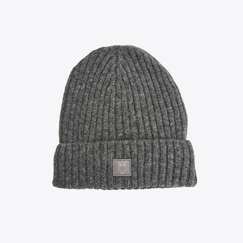 Knowledge Cotton Leaf Rib Organic Wool Beanie Dark Grey Melange Berretto