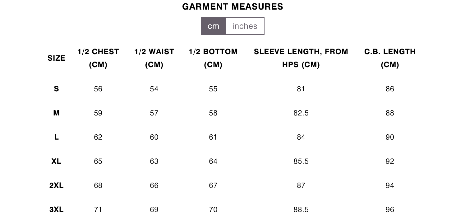 Scandinavian Edition Radian Onyx garment measurements