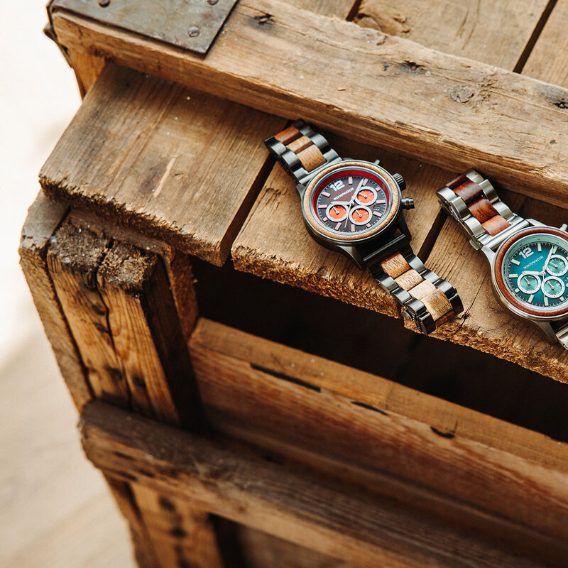 Apex Elite: Sophisticated wooden watches for men. Features Japanese Movement, chronograph, stainless steel, natural wood, red dial. Durable and stylish.