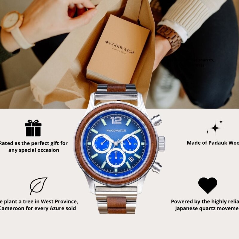 Apex Elite: Sophisticated wooden watches for men. Features Japanese Movement, chronograph, stainless steel, natural wood, red dial. Durable and stylish.
