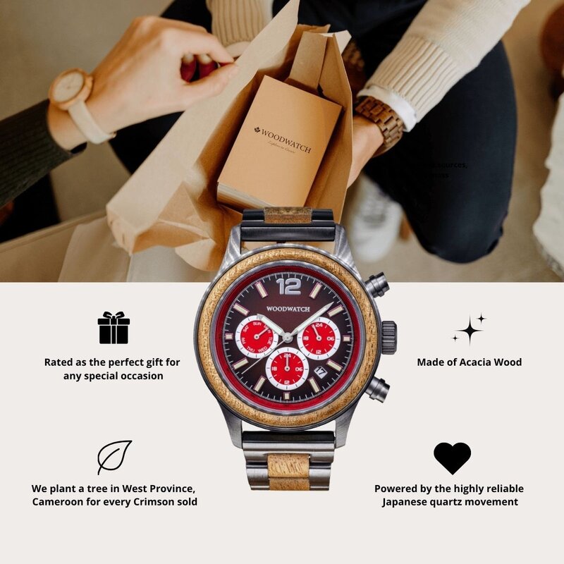 Apex Elite: Sophisticated wooden watches for men. Features Japanese Movement, chronograph, stainless steel, natural wood, red dial. Durable and stylish.
