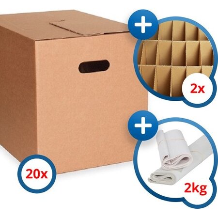 20x KlikKlak® budget verhuisdoos + 2kg papier + 2 vakverdeling - 48x32x33