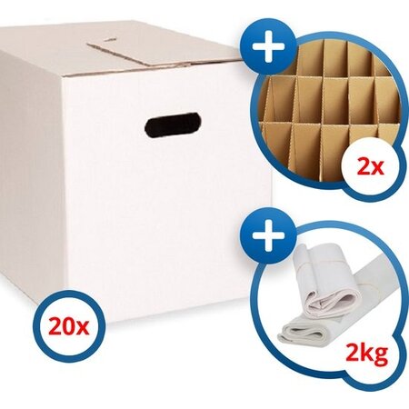 20x KlikKlak® premium verhuisdoos + 2kg papier + 2 vakverdeling - 48x32x33