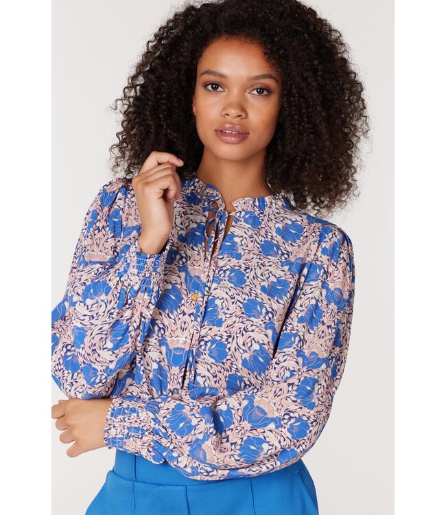 JANSEN AMSTERDAM juffrouw jansen waf741 blouse print and smockdetail at cuff multi blue