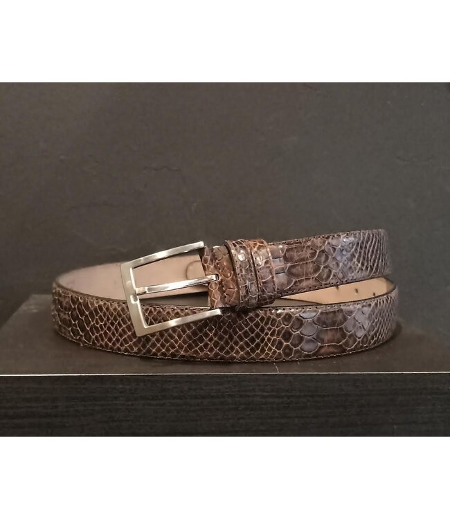 Donkerbruin, leren riem met slangenprint