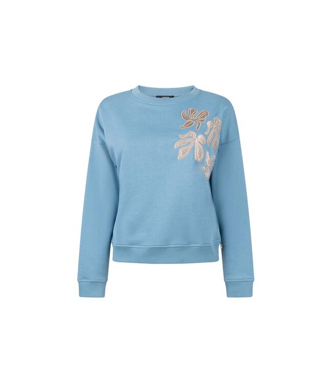 JANSEN AMSTERDAM Jansen Amsterdam Maika SW 165 Sweat Long Sleeve Satin Flowers Embroidery 000750 Aquamarijn