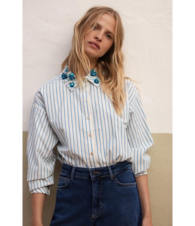 JANSEN AMSTERDAM Jansen Amsterdam Micky Blouse  SA 751 Stripe Sequins 000750 Aquamarijn