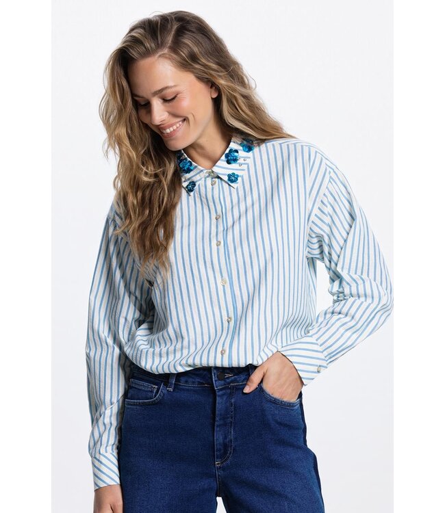 JANSEN AMSTERDAM Jansen Amsterdam Micky Blouse  SA 751 Stripe Sequins 000750 Aquamarijn
