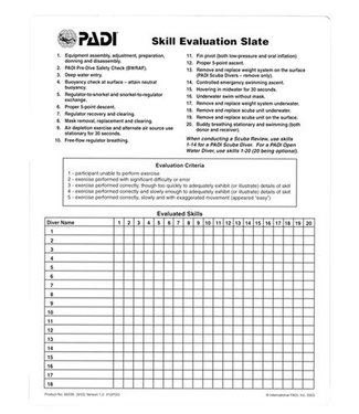 PADI PADI Skill Evaluation Slate