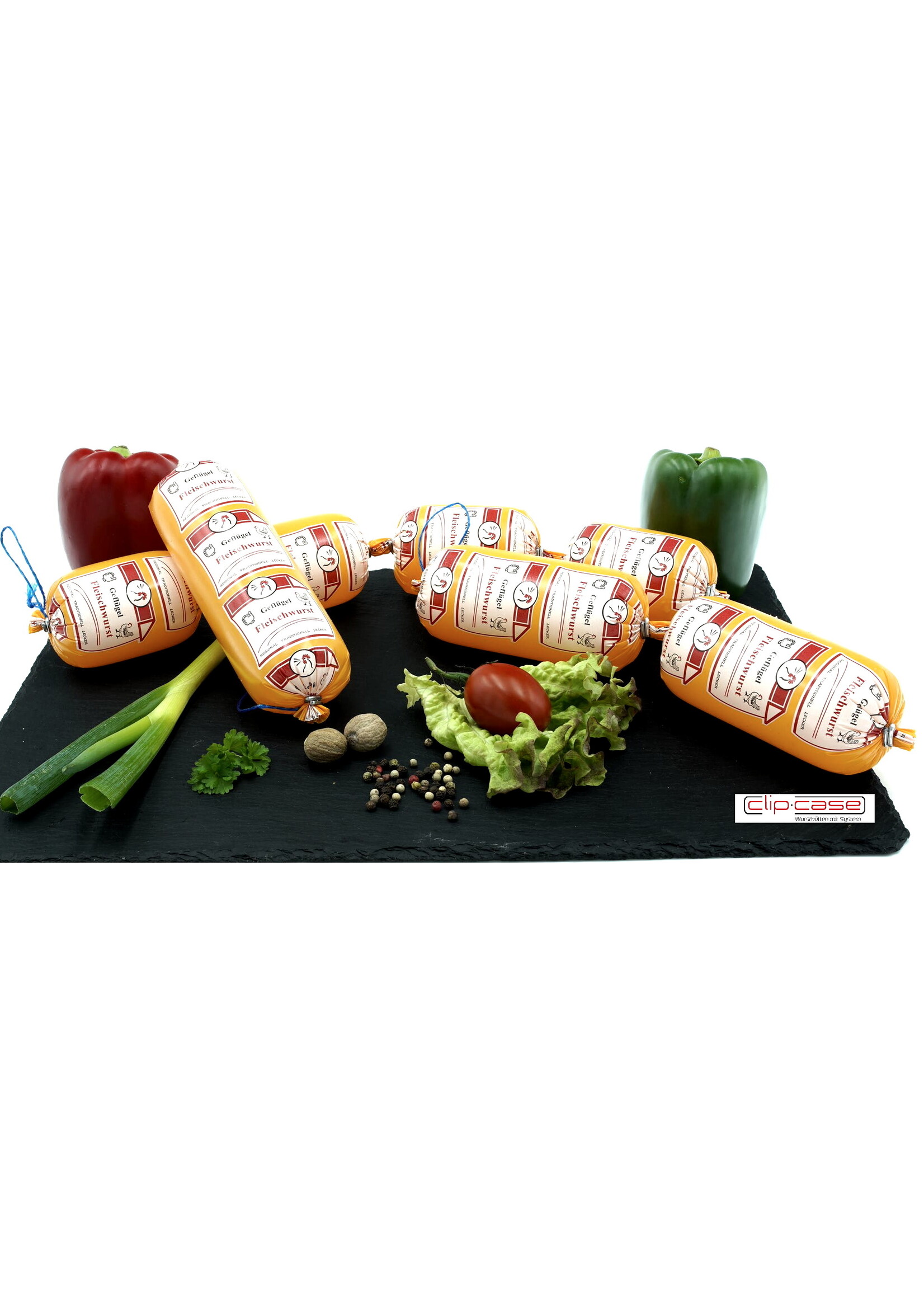 ClipCase 55 Geflügel Fleischwurst, gerafft , CleverCase Multi F Gelb - RTL-Druckserie