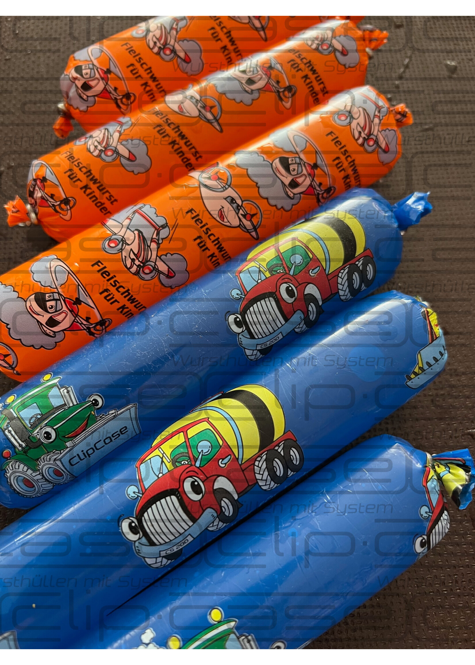 ClipCase 35 Fleischwurst für Kids "Bagger", Kaliber 35, gerafft , 6-Farbendruck, CleverCase Multi Blau