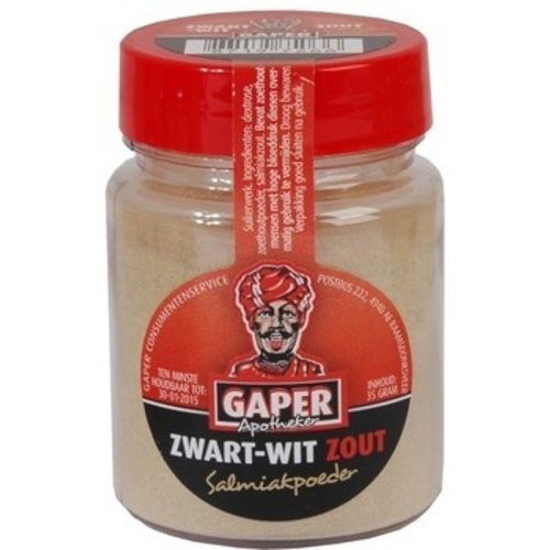 Gaper Zwart Wit Zout Salmiakpoeder 30 Gram 24 Stuks Gaper Zwart Wit Zout Salmiakpoeder 30 Gram 24 Stuks