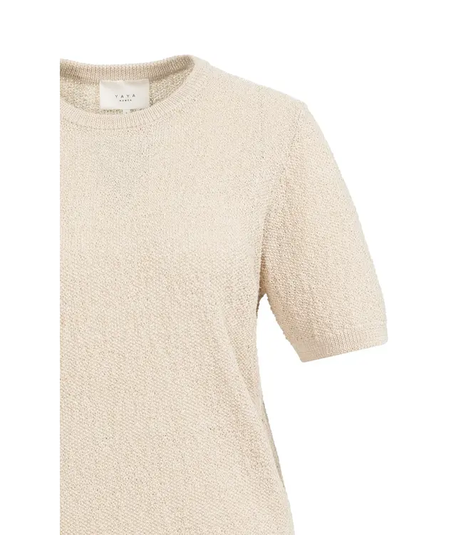 Gebreide trui met korte mouwen en structuur - Beige
