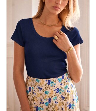 -- Ribbed wavy round neck t-shirt - Navy