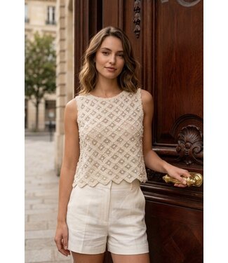 -- Crochet paillet top - Beige