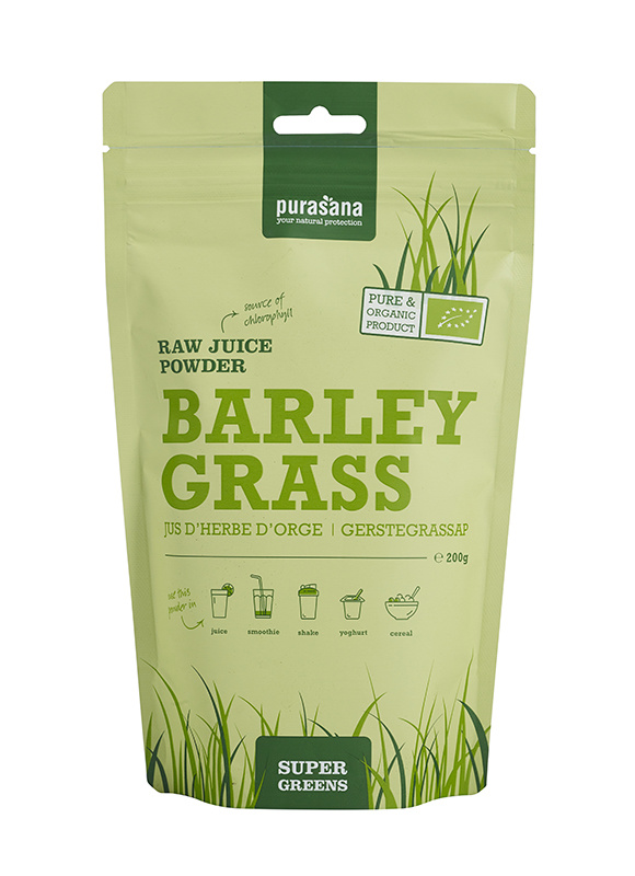Purasana Gerstegras sappoeder/poudre jus herbe d'orge bio (200 Gram) Purasana Gerstegras sappoeder/poudre jus herbe d'orge bio (200 Gram)